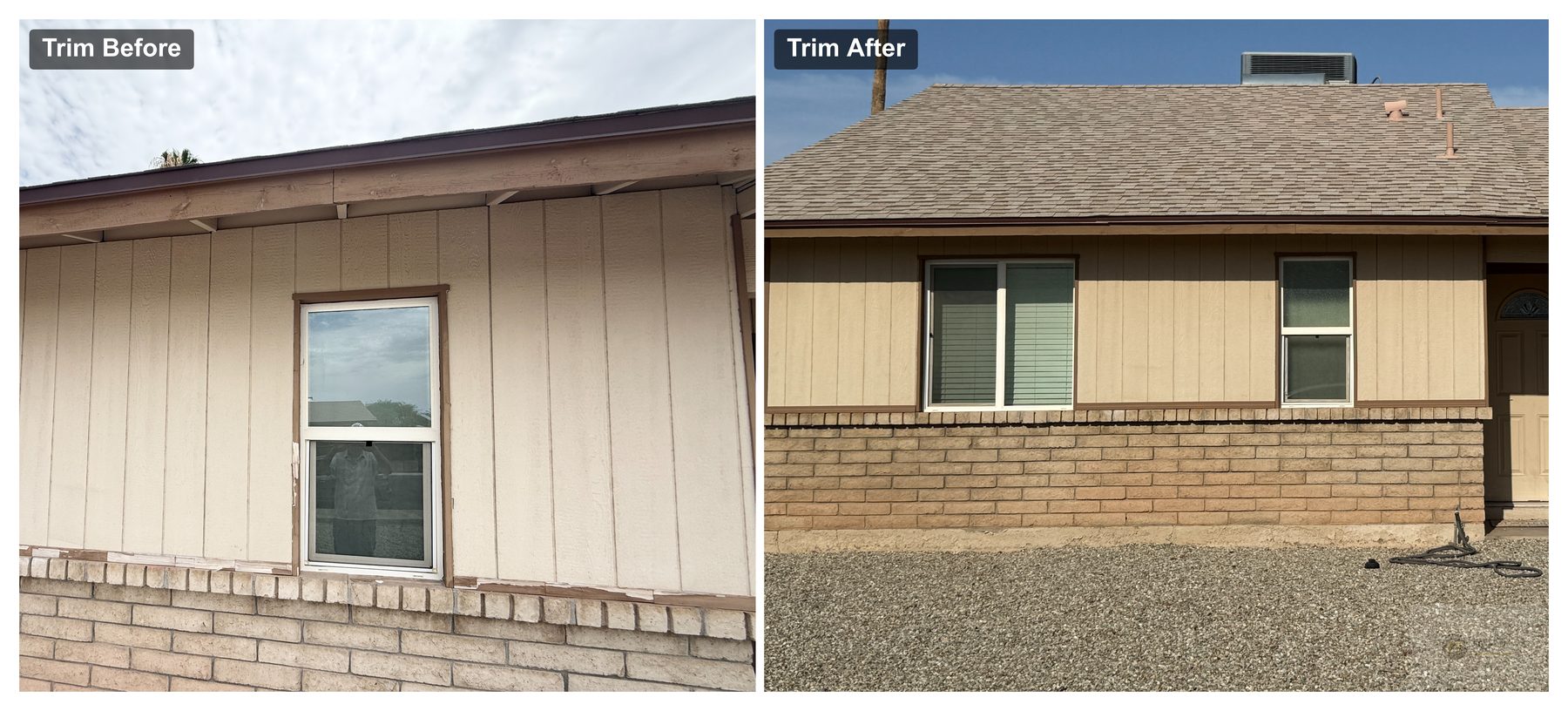 Before and after of exterior window trim: weathered and patched trim replaced and repainted.