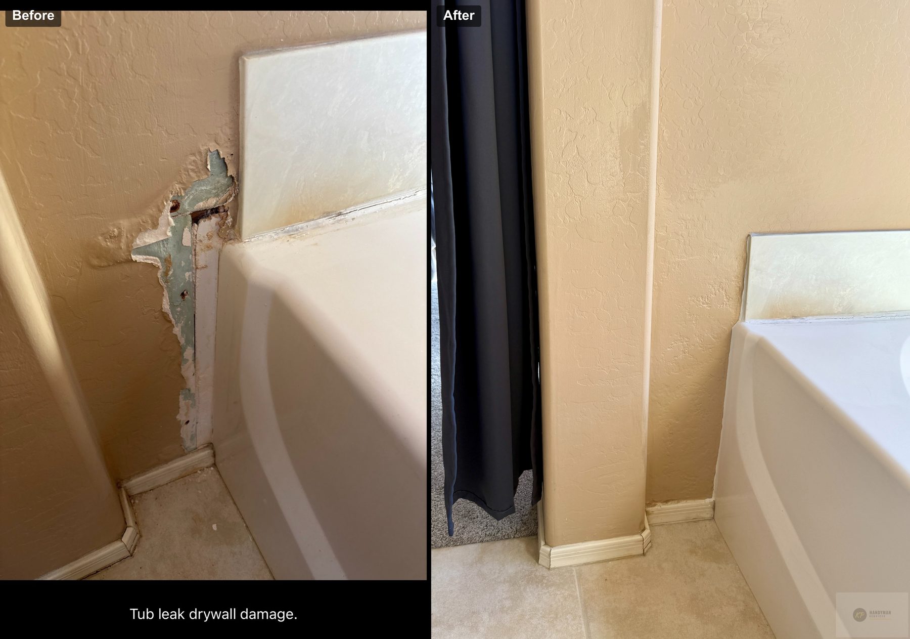 Before and after of drywall next to a tub: water-damaged wall and trim repaired, textured and painted.