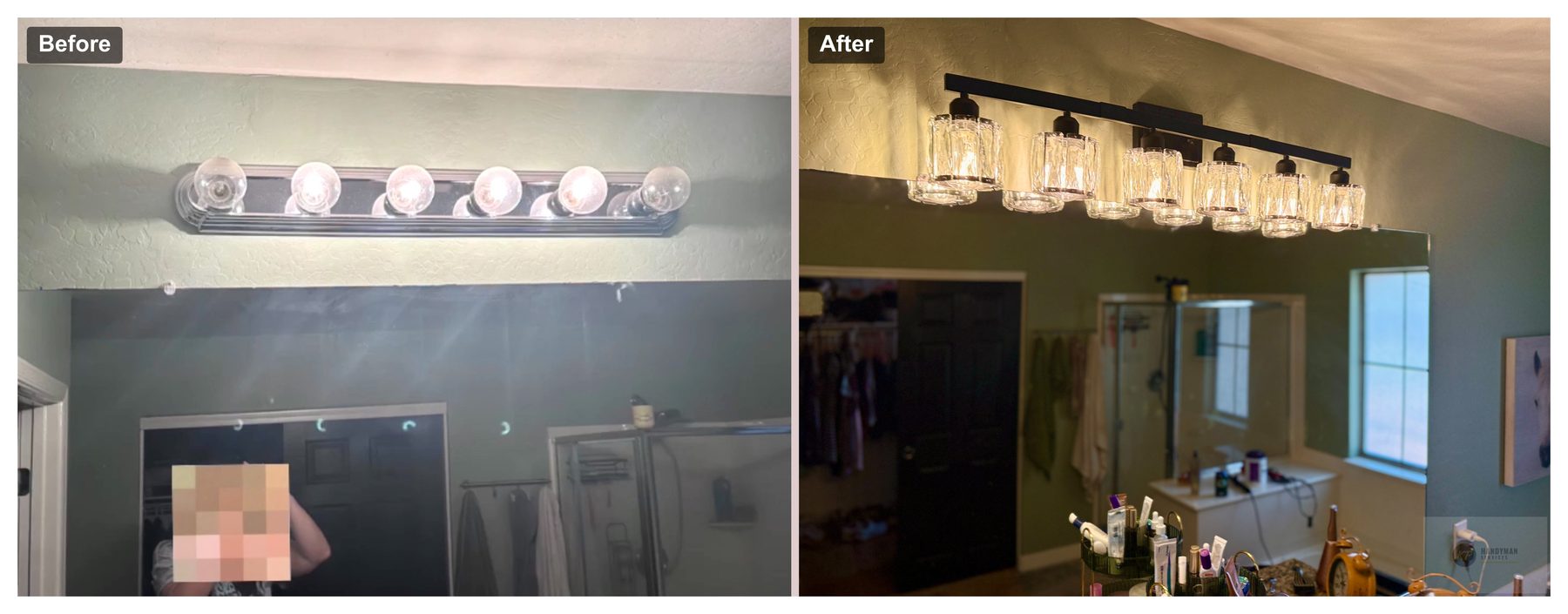 Before and after of a bathroom vanity light: an old chrome six-bulb strip replaced with a black eight-light fixture with glass shades.